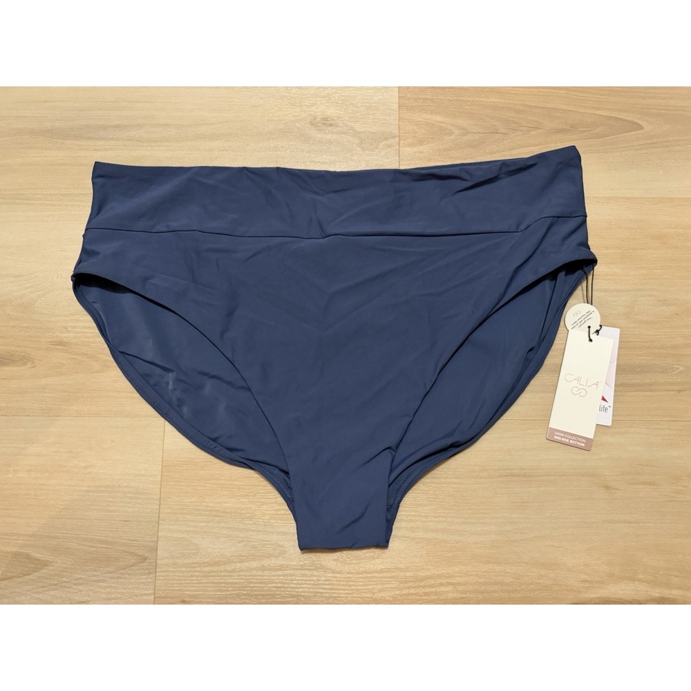 CALIA Women's Wide Band Bikini Bottoms 2X High Leg‎ Ardosia Slate Blue Plus Size